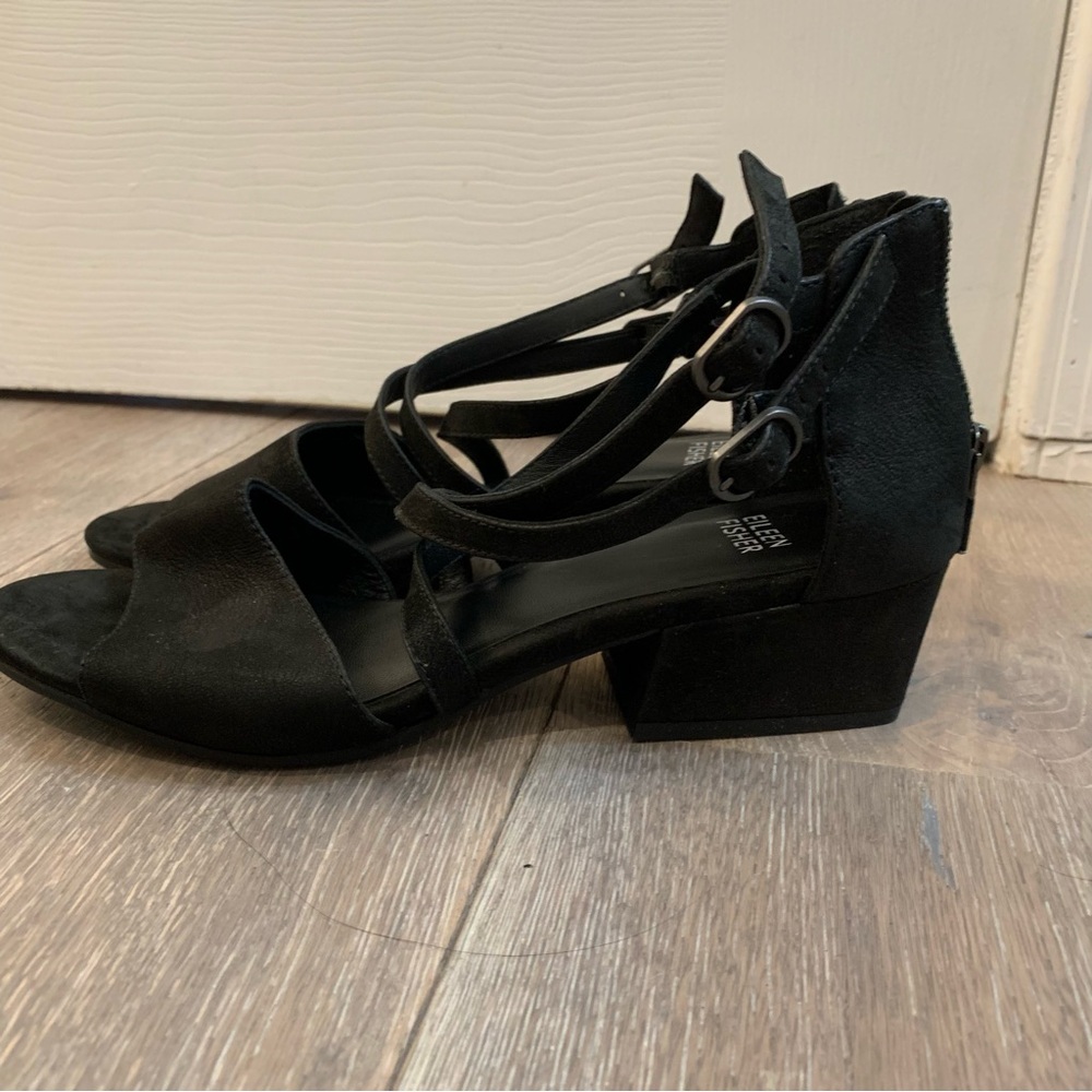 Eileen Fisher Kyra Sandal Black Nubuck leather Block Heel Zip Back Sz 7.5